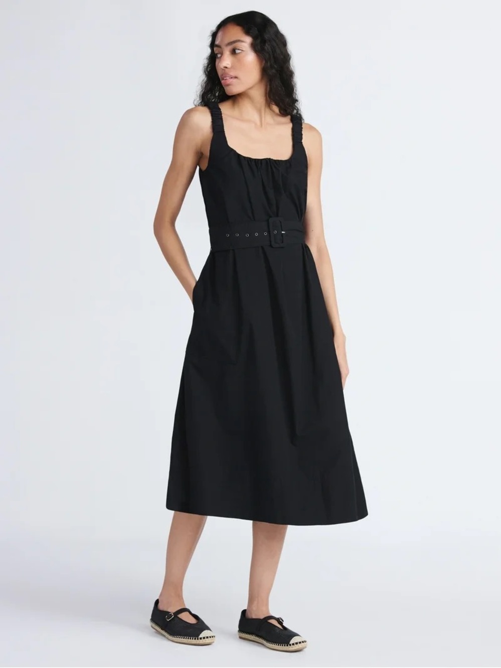 Sleeveless Black Midi Dress with Sculpted Belt